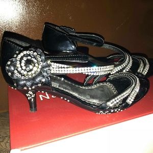 Black with silver diamond kid heels